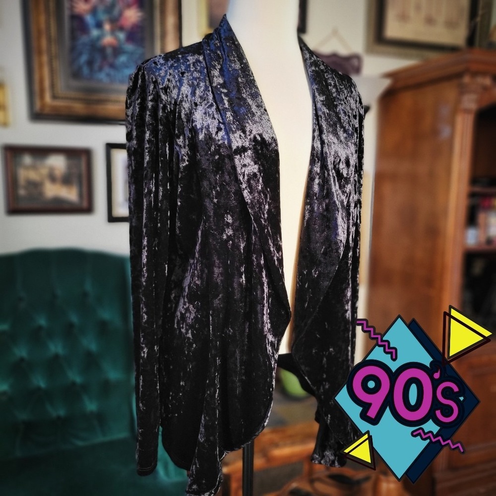 Vintage‎ 90s Bubbles Black Crushed Velvet Open Front Blazer Goth Grunge 3XL USA